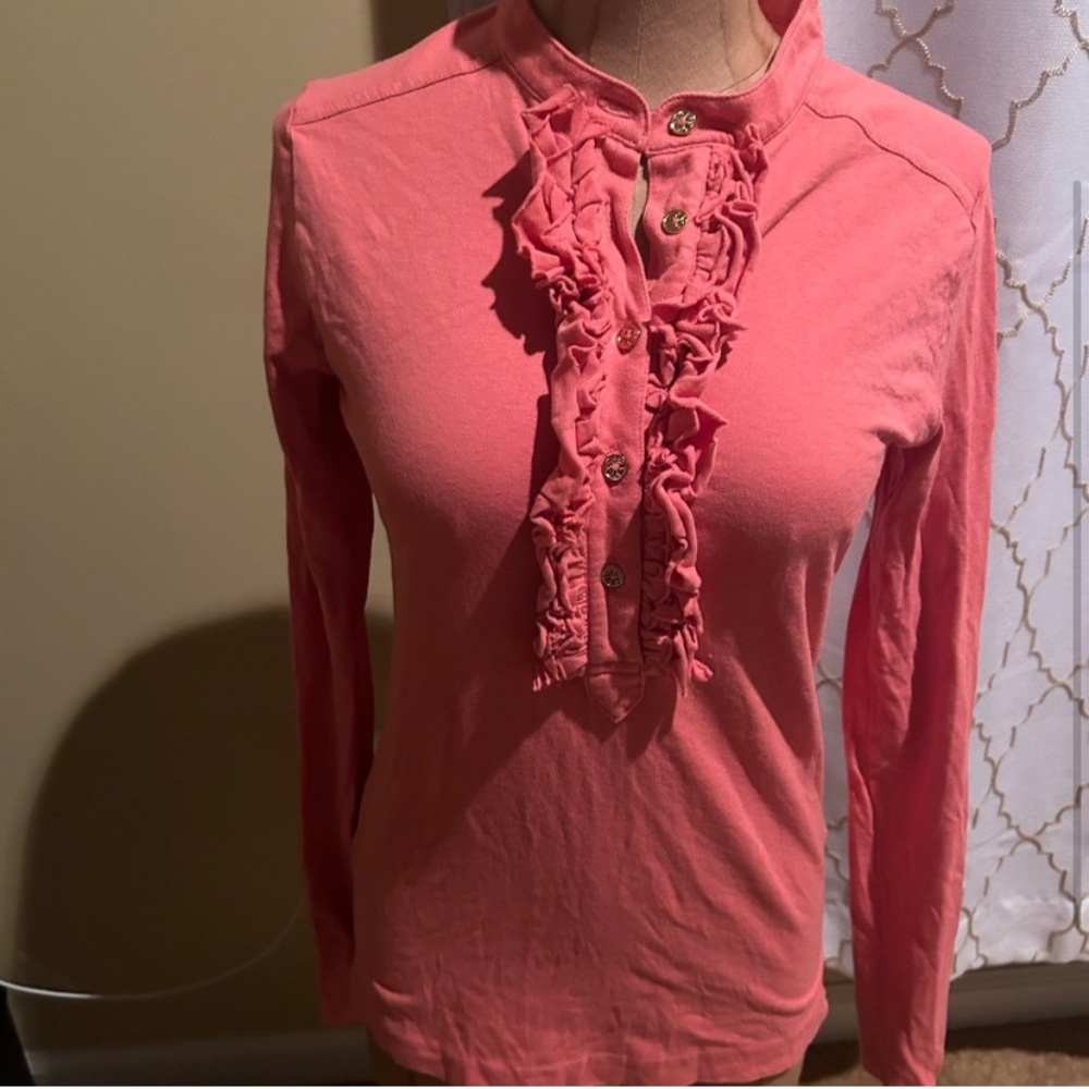 Tory Burch Pink Ruffled Women's blouse in good used condition.